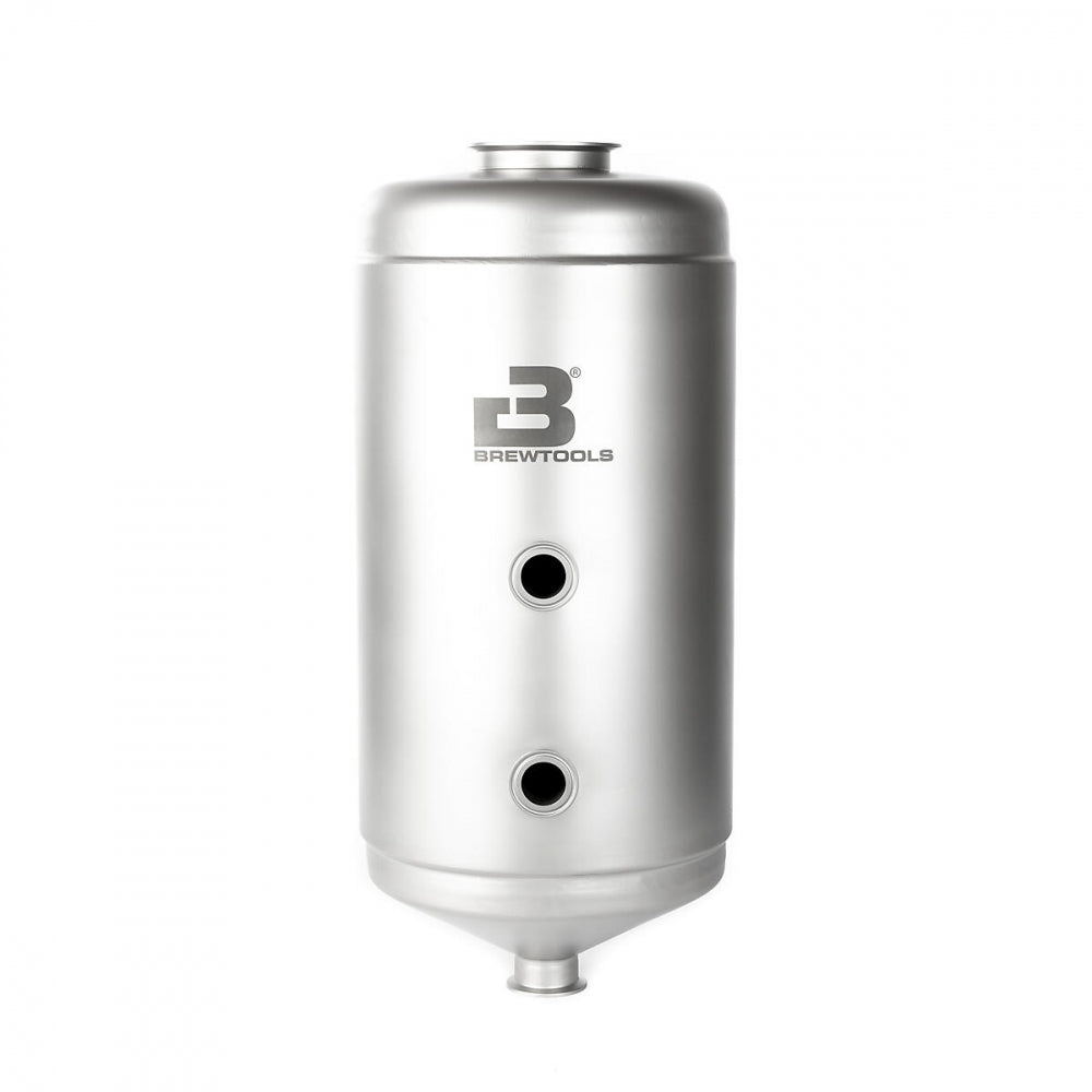 The Brewtools MiniUni 30+ Tank med standard tilbehør is a cylindrical stainless steel vessel with two central openings, a conical bottom, and the Brewtools logo—ideal as a gjæringstank øl—displayed against a white background.