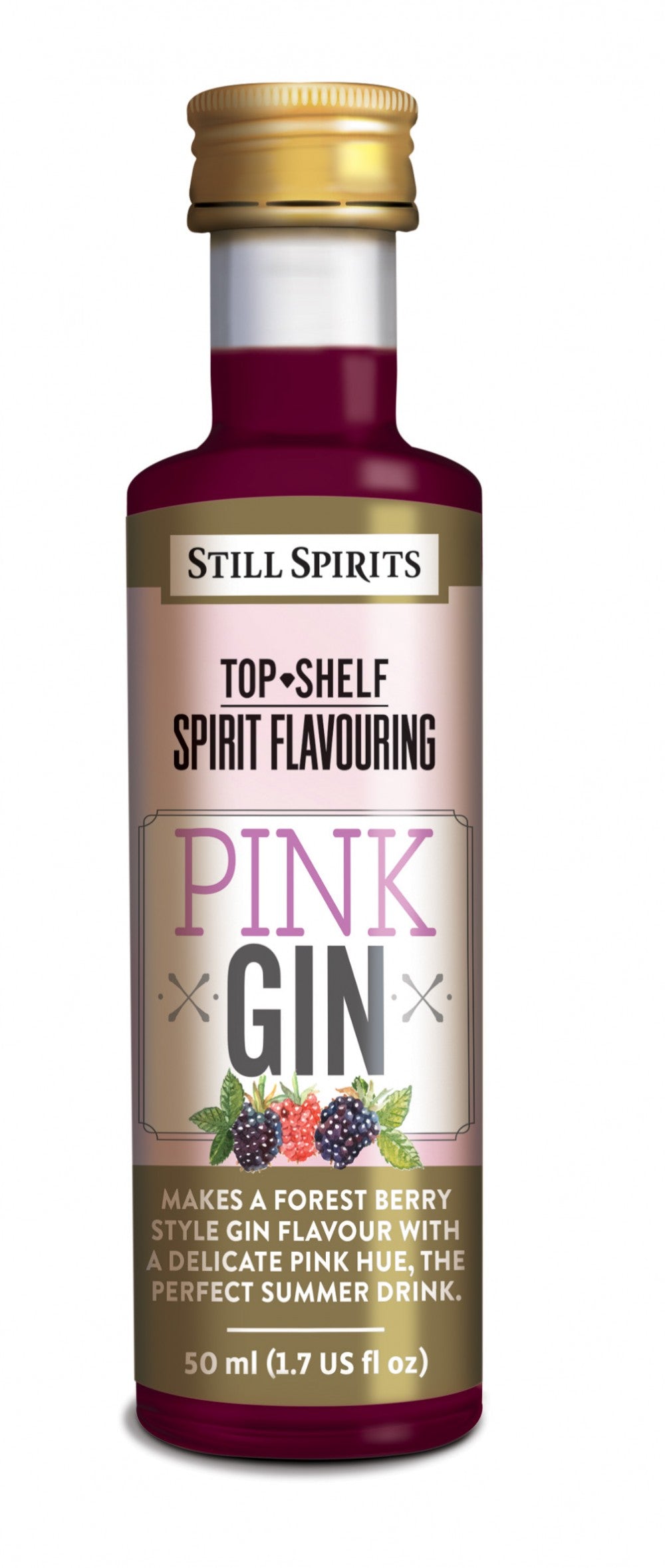 Still Spirits SS Top Shelf Pink Gin - 50 ml essens tilfører deilig rosa ginsmak til din hjemmelagde sprit, med en gullhette og en etikett med bærtema.