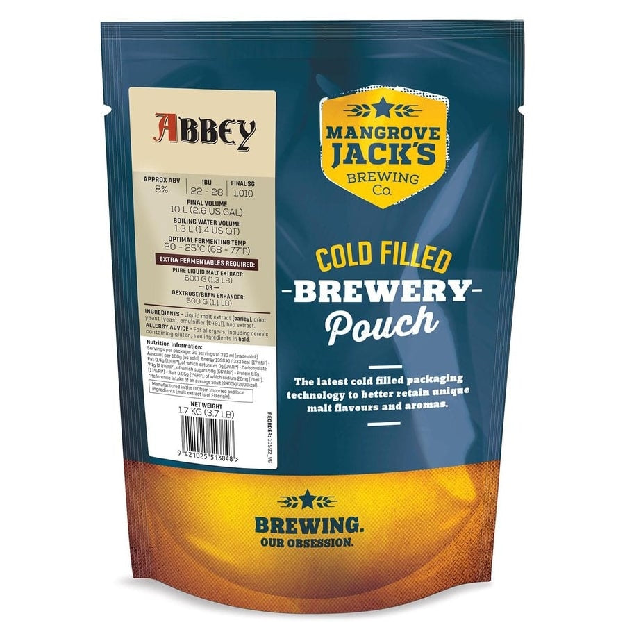 Mangrove Jacks Traditional Series Abbey ekstraktsett - 1,7 kg er en kaldfylt bryggeripose med tydelige produktdetaljer og merkevarebygging på maltekstrakt-emballasjen.