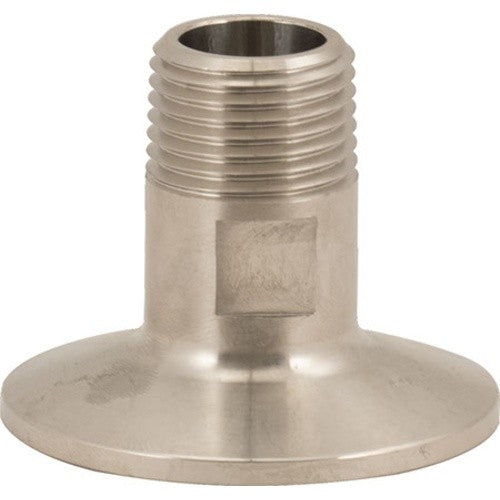 Brewshop 1,5" Tri-Clamp x 1/2" NPT (hann) er en rørkobling laget av slitesterkt 304 rustfritt stål med en bred, flat Tri-Clamp-base og en sylindrisk, utvendig gjenget 1/2" NPT-topp.