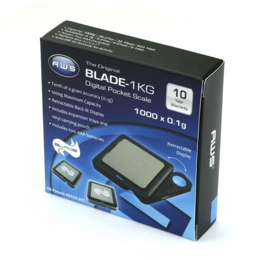 Kasse med American Weigh Scales Vekt 1000g - Blade Scale: kjøkkenvekt med uttrekkbar skjerm, 1000 g kapasitet, 0,1 g nøyaktighet, to skuffer og 10 års garanti - den ideelle kjøkkenvekten for presisjon og bekvemmelighet.
