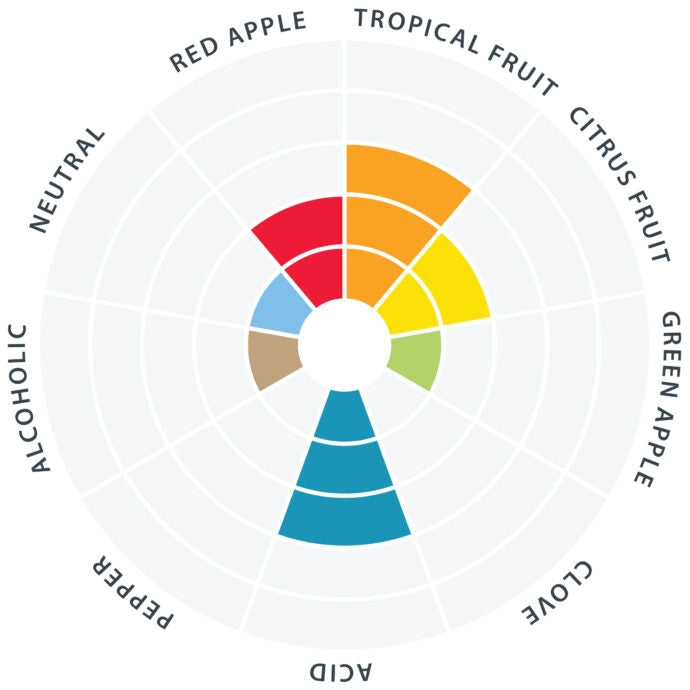Et radardiagram viser smaksintensiteten til WildBrew Philly Sour 11g - Lallemand: høyest i syre, deretter grønt eple, sitrusfrukt og tropisk frukt; lavt i rødt eple, nellik, nøytrale og alkoholholdige toner.