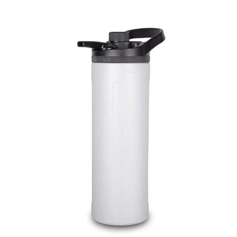 GrowlerWerks uKeg Twist 36 White (10,6 dl) Seltzer Maker har et svart vippelokk og bærehåndtak, avbildet oppreist mot en hvit bakgrunn - ideelt for å lage og nyte din egen harde seltzer hvor som helst.
