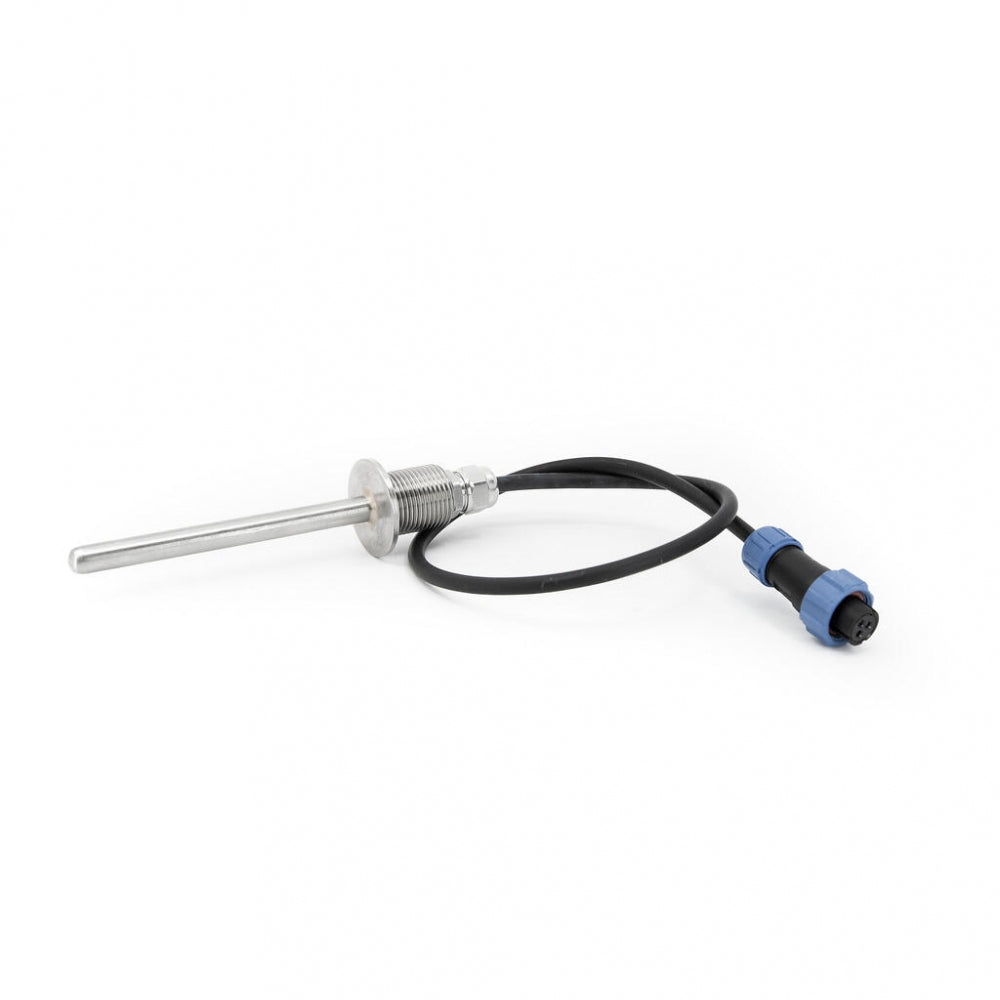 Brewtools Temperatur Sensor, Tank, 90mm M20x1,5 (v2023) er en gjenget digital sonde med svart kabel og blå/svart kontakt, perfekt for presis overvåking i gjæringstanken din, vist isolert på hvit bakgrunn.