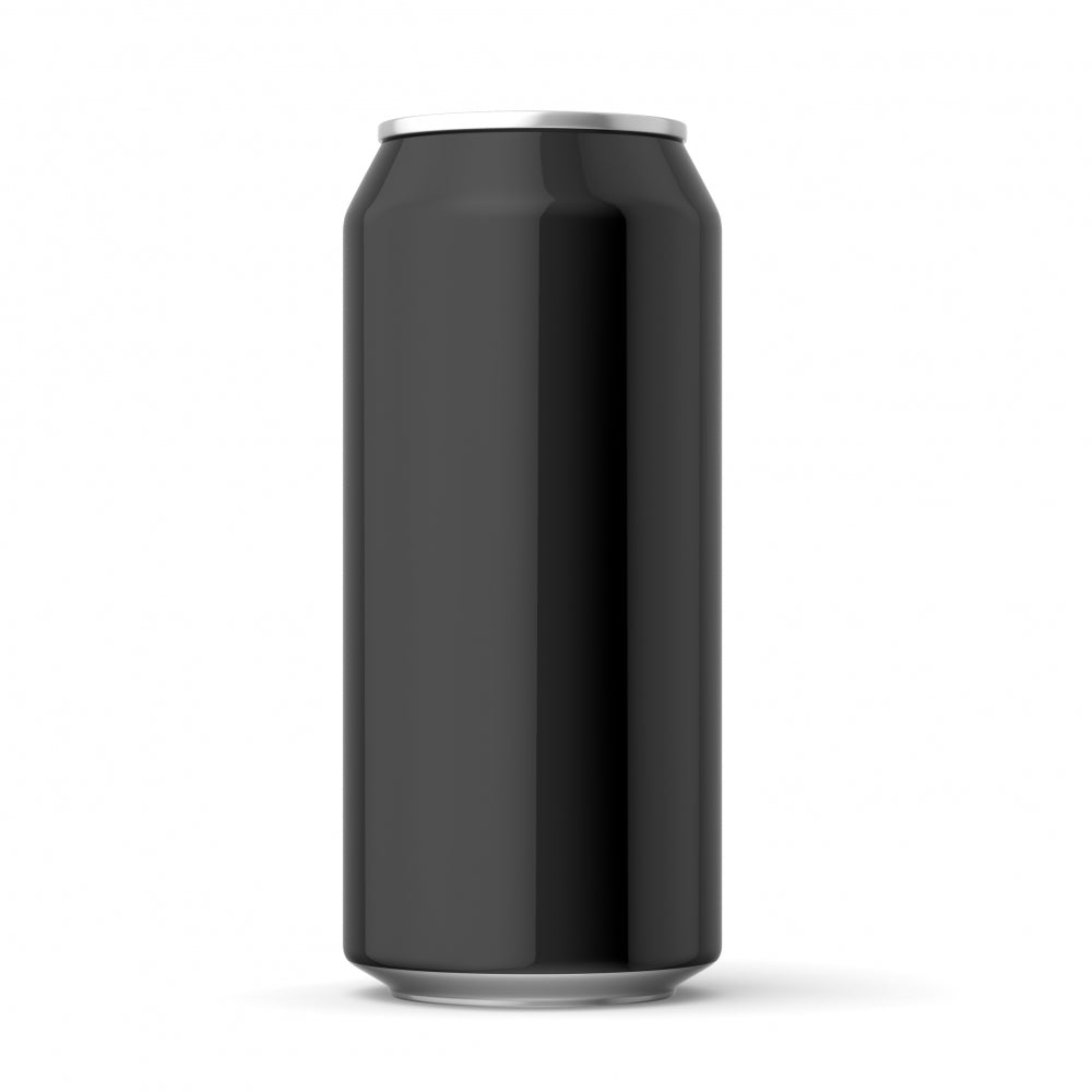 En Canpack 440 ml ølboks sort aluminiumsboks med sølv topp står oppreist på en hvit bakgrunn, ideell for sortering på en hel pall (5070 stk).