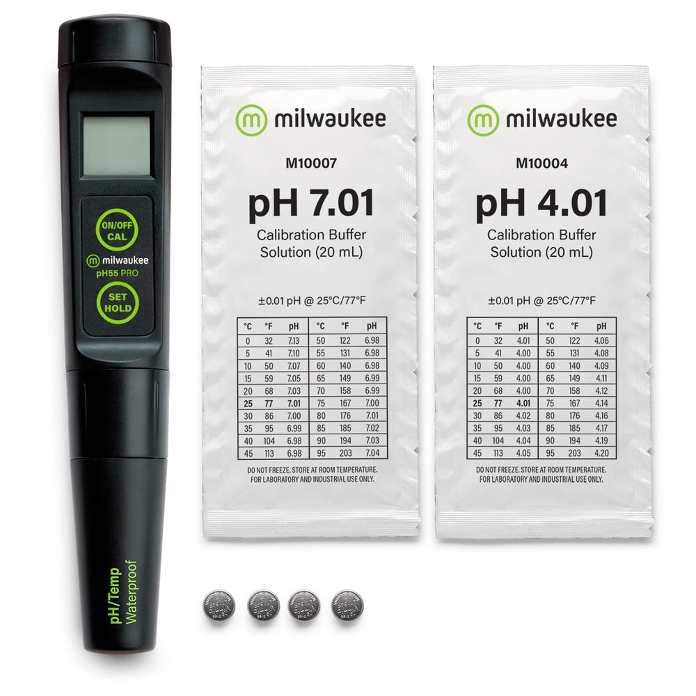 Milwaukee PH55 PRO - pH-meter med utskiftbar probe fra Milwaukee, display, automatisk temperaturkompensasjon, to kalibreringsbufferpakker (pH 7,01 og 4,01) og fire knappcellebatterier - ideelt for ølbrygging.