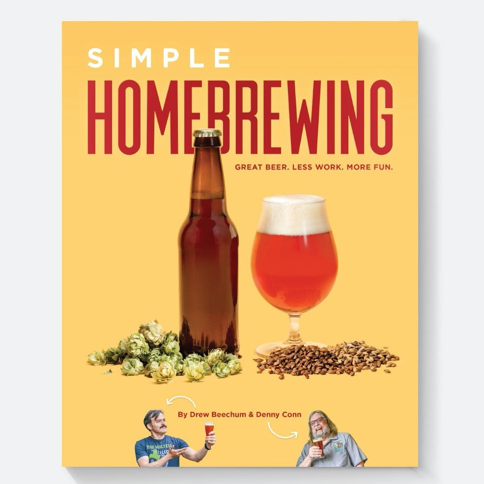 The Brewshop Simple Homebrewing: Great Beer, Less Work, More Fun har et bokomslag med en ølflaske, et glass øl, humle, korn og bilder av to menn som holder øl - ideelt for alle som er interessert i grunnleggende hjemmebrygging.