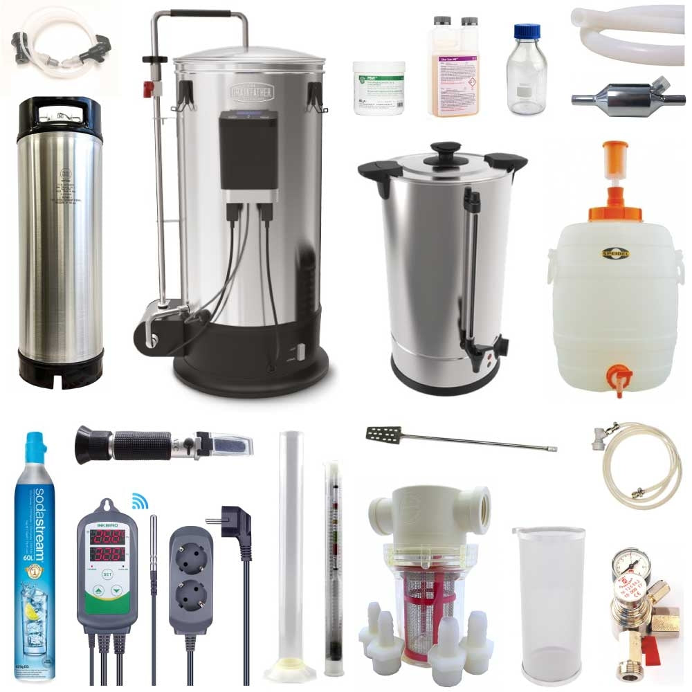 Assorted hjemmebrygging utstyr fra Brewshop, inkludert gjæringskar, flasker, måleutstyr, slanger, ventiler og rengjøring-med populære Grainfather Brew & Keg Kit - Komplett Startsett-presentert på hvit bakgrunn.