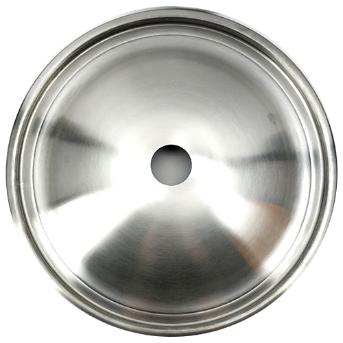 Et rundt, rustfritt stål lokk fra Brewolution med skrog i midten og tri-clamp kobling, designet for Brewster Dominator 40 og Beacon 70, vist ovenfra.