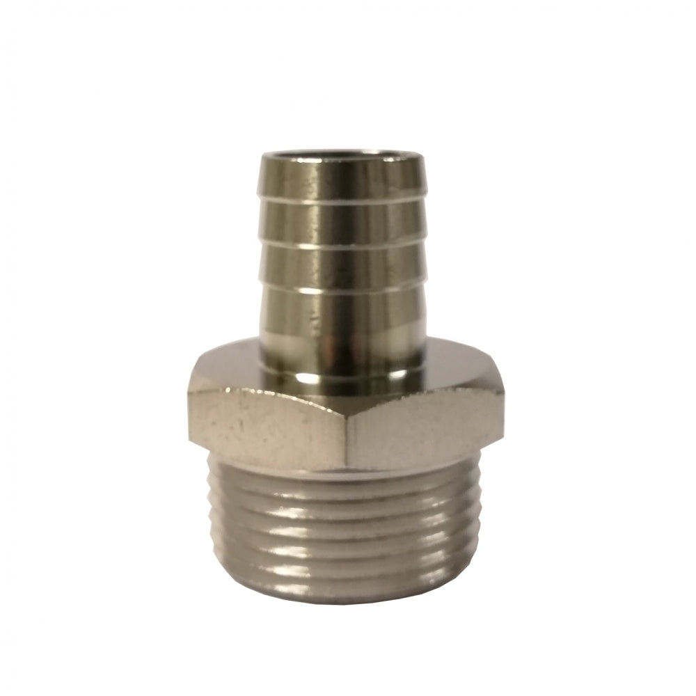 Slangenippel 1" NPT x 20 mm er en slangestussadapter i rustfritt stål 304 med sekskantmutter og gjenget hannende, beregnet for tilkobling av fleksible slanger til en gjenget rørkobling.