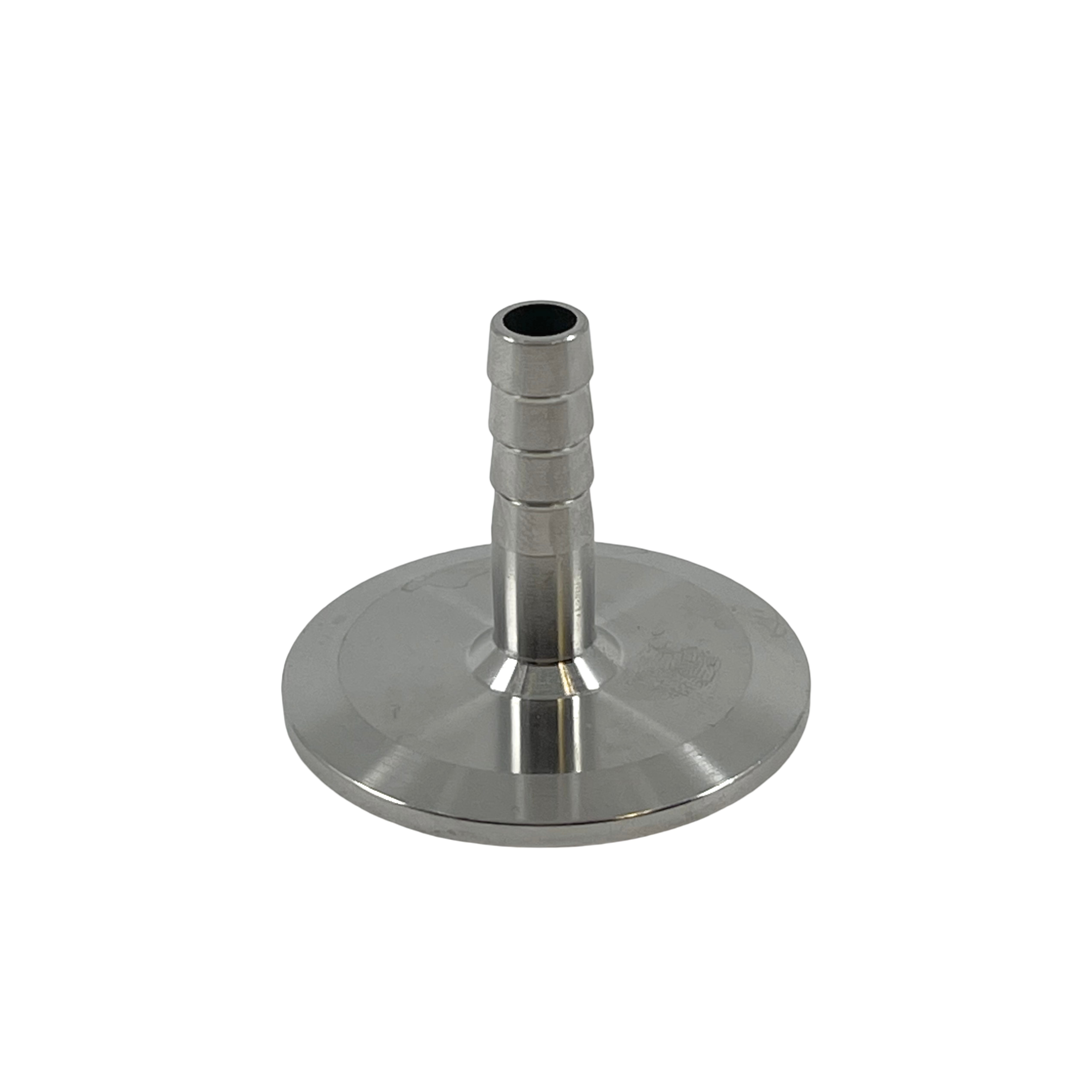 Brewshop 1,5" Tri-Clamp x 10 mm slangenippel i rustfritt stål med mothaker og en bred, sirkulær Tri-Clamp-base, vist på hvit bakgrunn.