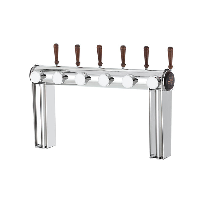Lindr Naked Cold Bridge 6 Tappetårn, laget av rustfritt stål, har seks tappekraner av tre som er plassert på rad, og som står elegant på to vertikale støtter. Den er utstyrt med avansert Cold Bridge-kjøling for optimal temperatur på fatølet.
