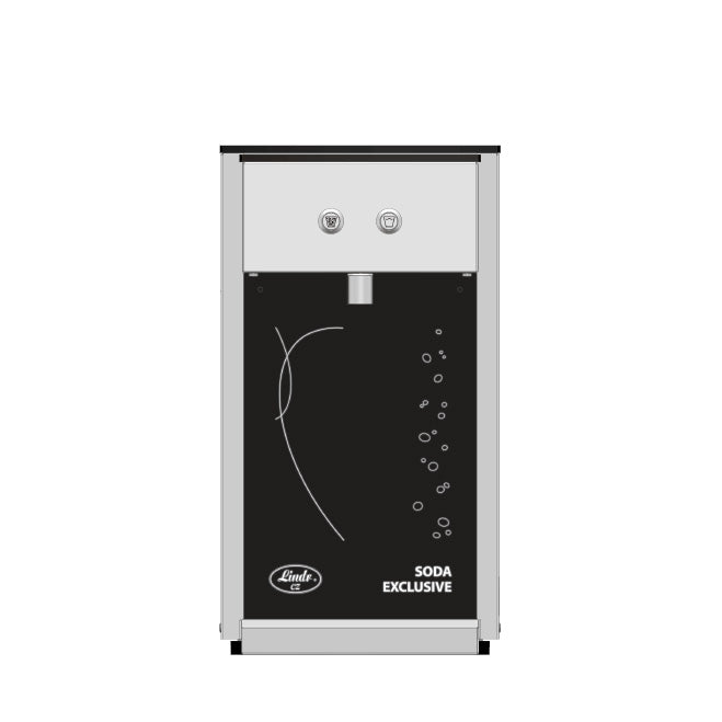 Frontbilde av en Lindr Soda Exclusive NEW Green Line vanndispenser med kullsyre i svart og sølv, med to knapper, en tut og SODA EXCLUSIVE-etiketten.