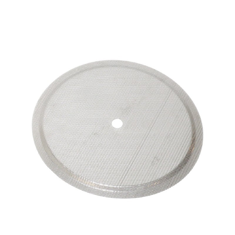 Brewster Beacon 40L Lower Mesh Dish - silplate fra Brewolution er en rund, flat metallnettskive med et lite hull i midten, vist på en hvit bakgrunn.