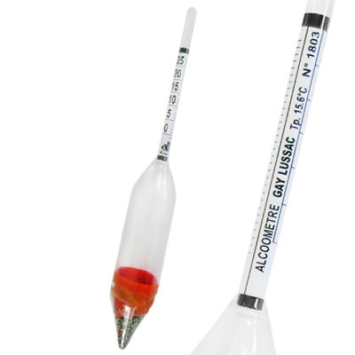 Nærbilde av Gay-Lussac Alkoholmeter 75-100 % Vol fra Alla France, et glassinstrument for måling av alkoholinnhold, med % vol.-markering fra 75 til 100 og merket "ALCOMETRE GAY LUSSAC".