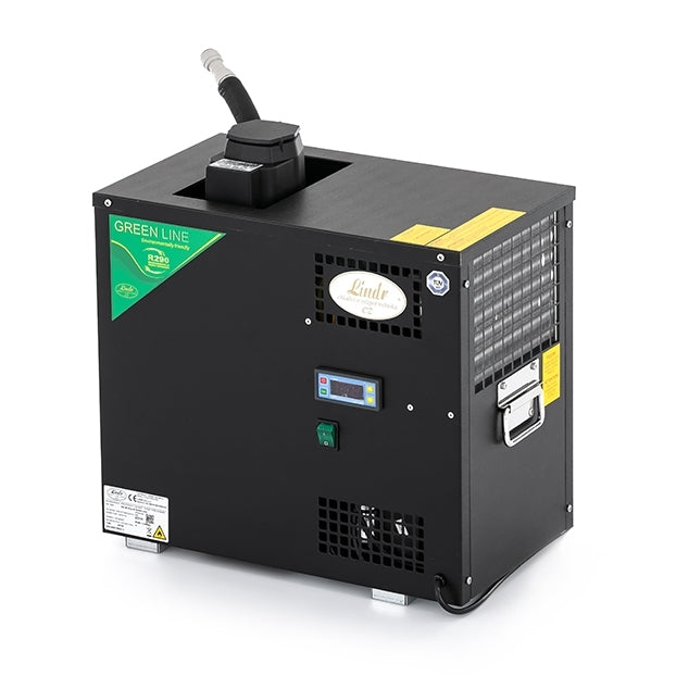 Lindr AS-40 Glycol Green Line 0,3 kW glykolkjøler med pumpe i svart har digitalt display, slange på toppen og ventilasjonsgitter - perfekt for temperaturkontroll gjæringstank.