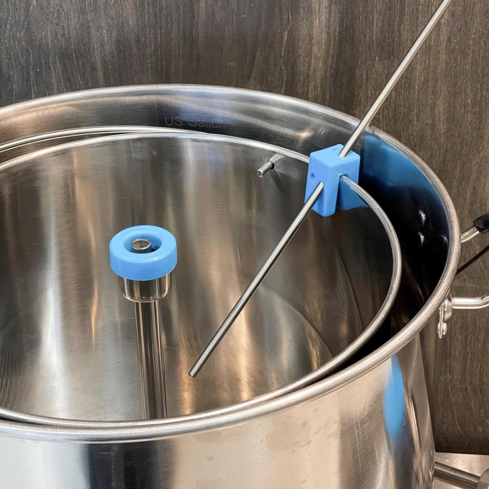 Brewtools temperatursensor for mesking med trommel i rustfritt stål, blått plastfeste og metallstang - ideell som bryggetemperaturføler for meskingsystemer.