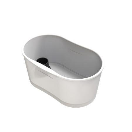 PEGAS Pool fra Pegas er et hvitt, ovalt plastkar med glatte kanter og et svart avløp på den ene siden, ideelt for bruk med PEGAS tilbehør.