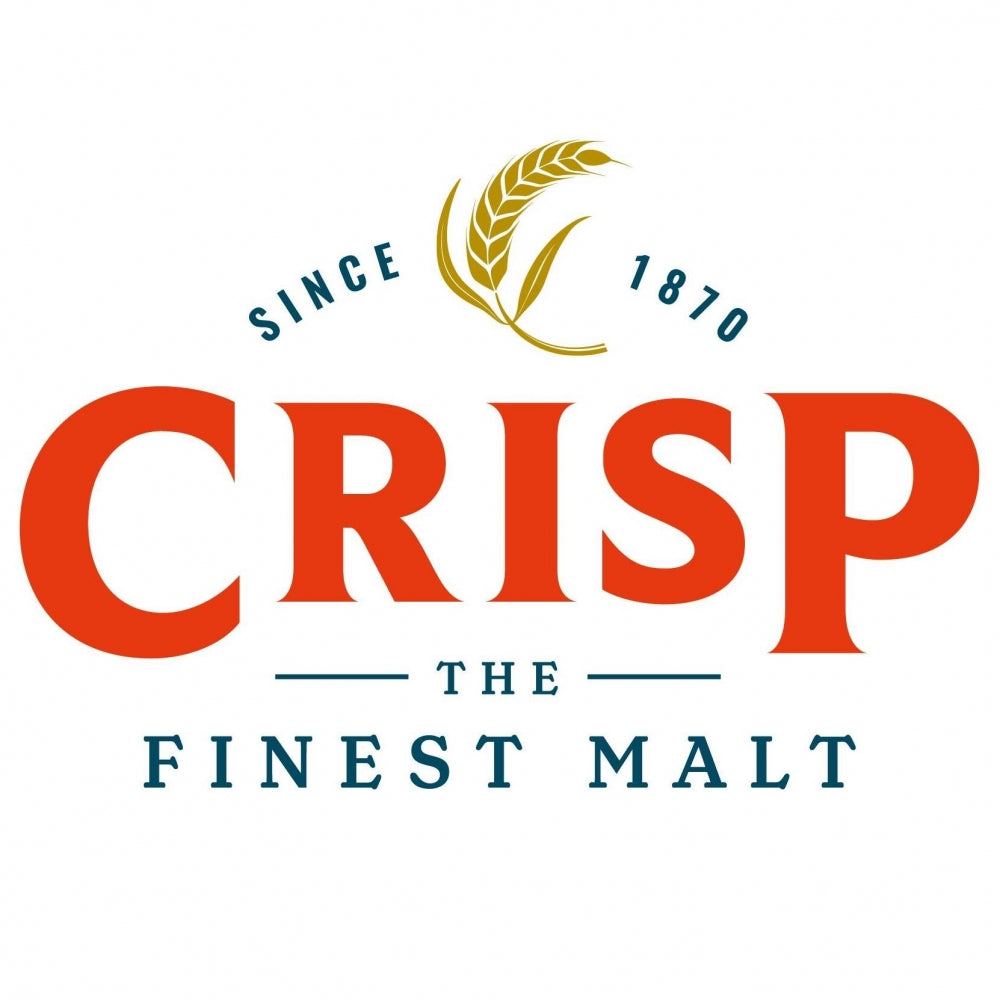 Crisp Malting-logoen har rød tekst, gullgrafikk av bygg og blå "Since 1870/The Finest Malt" på hvit bunn - perfekt for å fremheve Flaked Torrefied Rice (flaket ris), 25 kg, fra Crisp Malting i brygg med lavt gluteninnhold eller risbaserte brygg.
