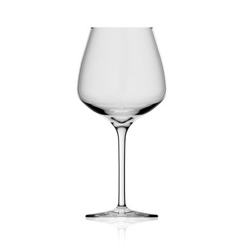 Et sett med 6 Rastal Exilles 42 Vinglass fra Rastal vises tomt mot en hvit bakgrunn, med en bred skål og lang stilk - perfekt for profesjonelle vinkelnere som ønsker eleganse og funksjonalitet.
