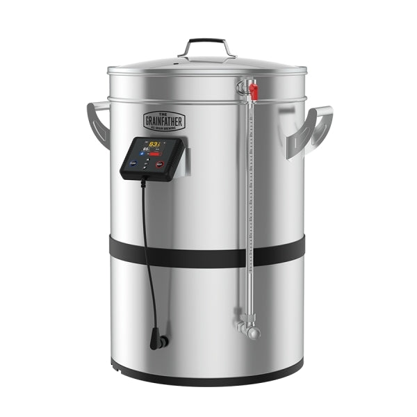 Grainfather G40 - helautomatisk bryggemaskin fra Grainfather har rustfritt stål, digitalt kontrollpanel, termometer, håndtak, tappekran nederst og trådløs WIFI-styring for presise justeringer.