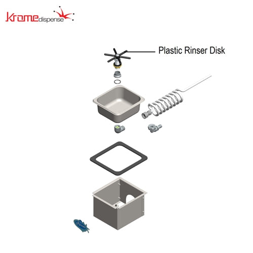 Eksplodert skisse av en vaskeskyller, med komponenter som Replacement Plastic Rinser Disk fra Krome Dispense, kum, pakning og tilkoblingsdeler.
