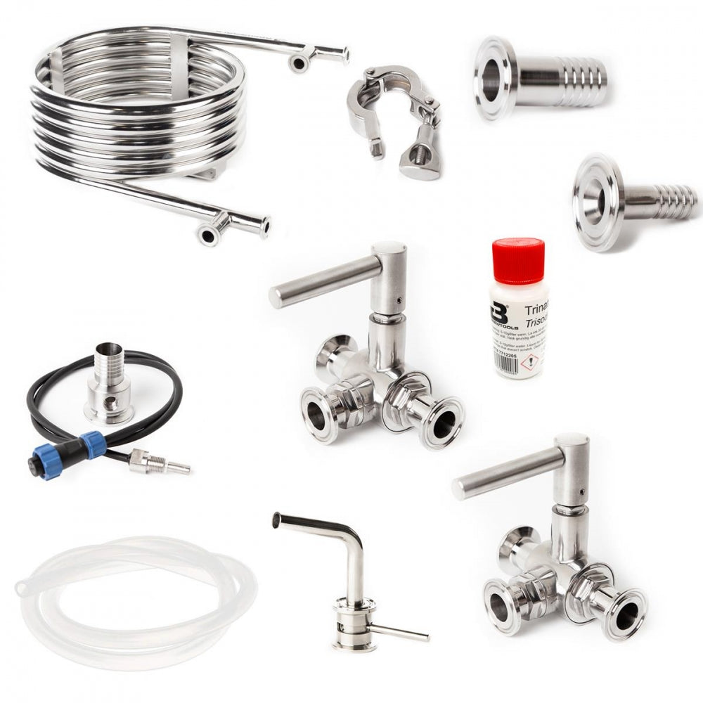Brewtools Tilbehørspakke 3-ventilers oppsett for B40pro/B80pro/B150pro, med ventiler, slanger, justerbar dip tube, koblinger og gjengepasta, vist på hvit bakgrunn.