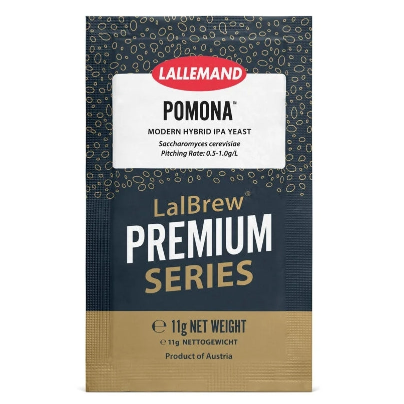 En pakke med Lallemand LalBrew Pomona Modern Hybrid IPA Yeast, ideell for humlepreget øl, 11 g nettovekt, med produktinformasjon på forsiden.