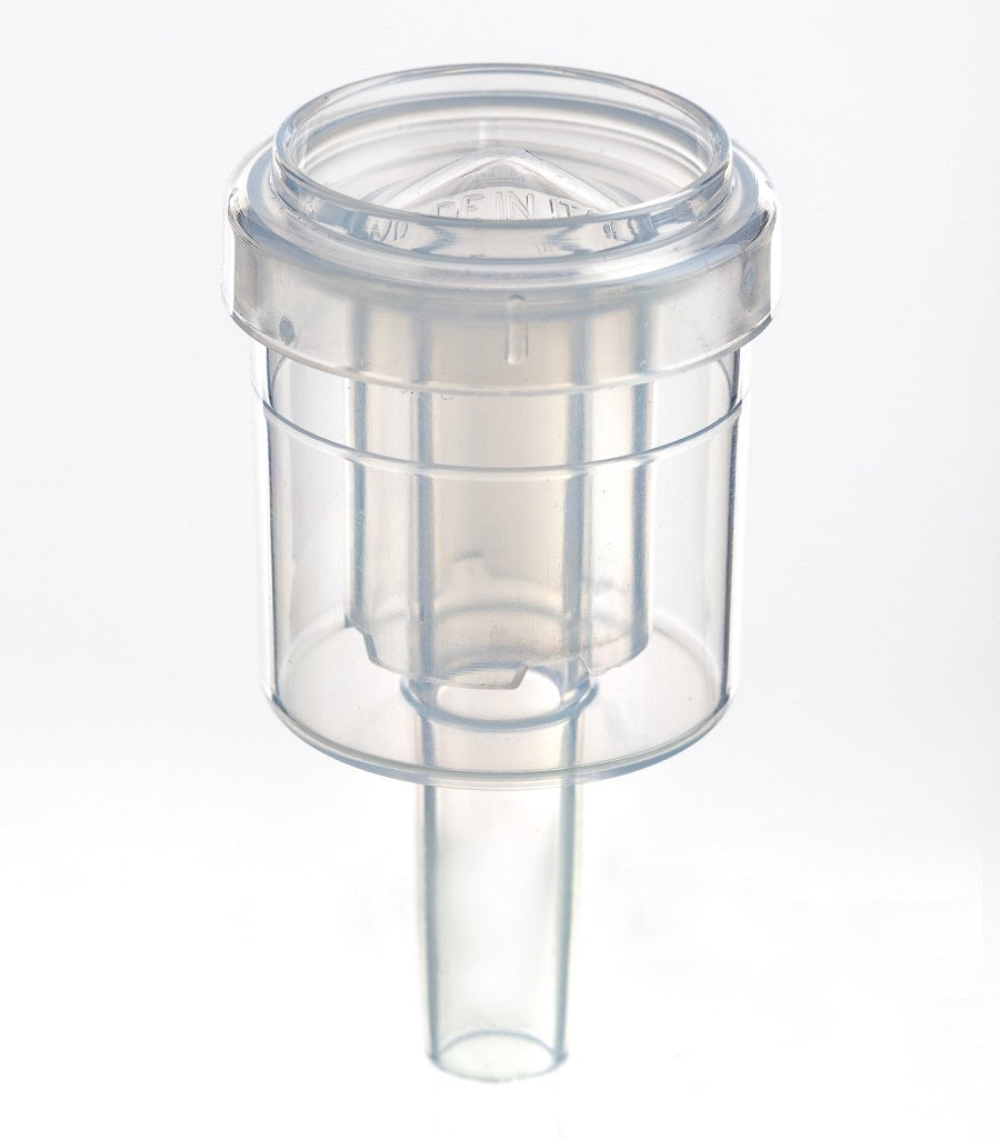 Enolandia Compact Mini Gjærlås, for opptil 30 liter, er vist mot en hvit bakgrunn. Dette gjennomsiktige måleinstrumentet har et sylindrisk øvre kammer og en smal nedre tut, perfekt for fermentering.