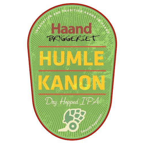 Grønn og gul etikett for Brewshops Haandbryggeriet Humlekanon allgrain ølsett, med humlegrafikk og tekst som understreker innovasjon, tradisjon og at ølet er ideelt for hjemmebrygging.