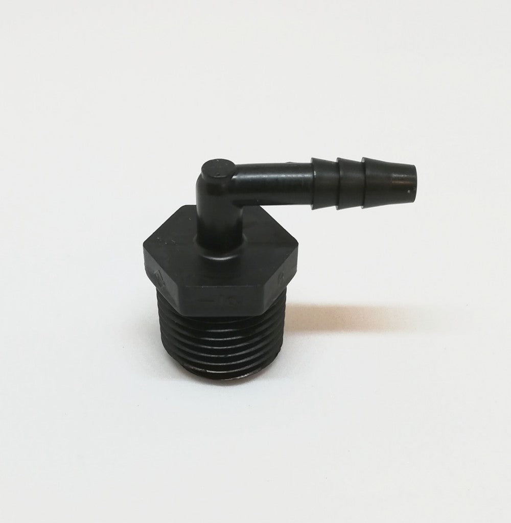 Keg Washer Slangenippel til Mark II Keg Washer - liten er en svart plastslange med gjenget bunn og 90-graders munnstykke, som vises på en hvit bakgrunn.