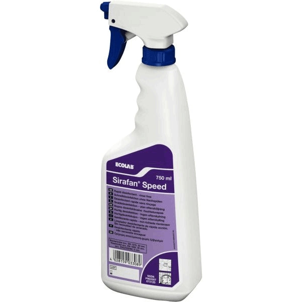 En 750 ml Ecolab Sirafan Speed sprayflaske med hvit kropp, blå avtrekker og lilla etikett for alkoholbasert skyllefritt desinfeksjonsmiddel til overflatedesinfeksjon.