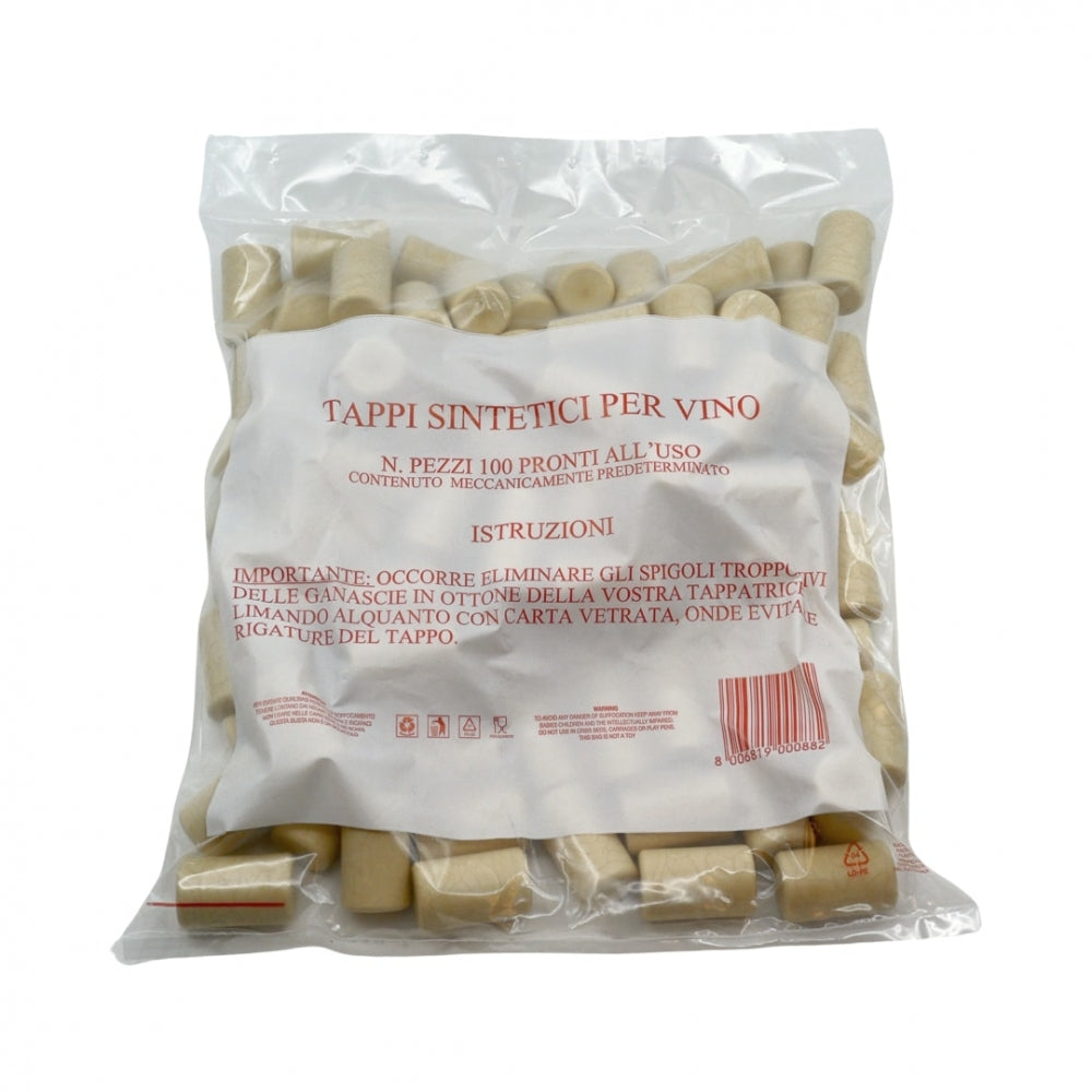 En gjennomsiktig plastpose inneholder 100 Enolandia Fastcork 23 x 38 mm syntetiske vinkorker, med italienske instruksjoner trykt på forsiden av emballasjen.