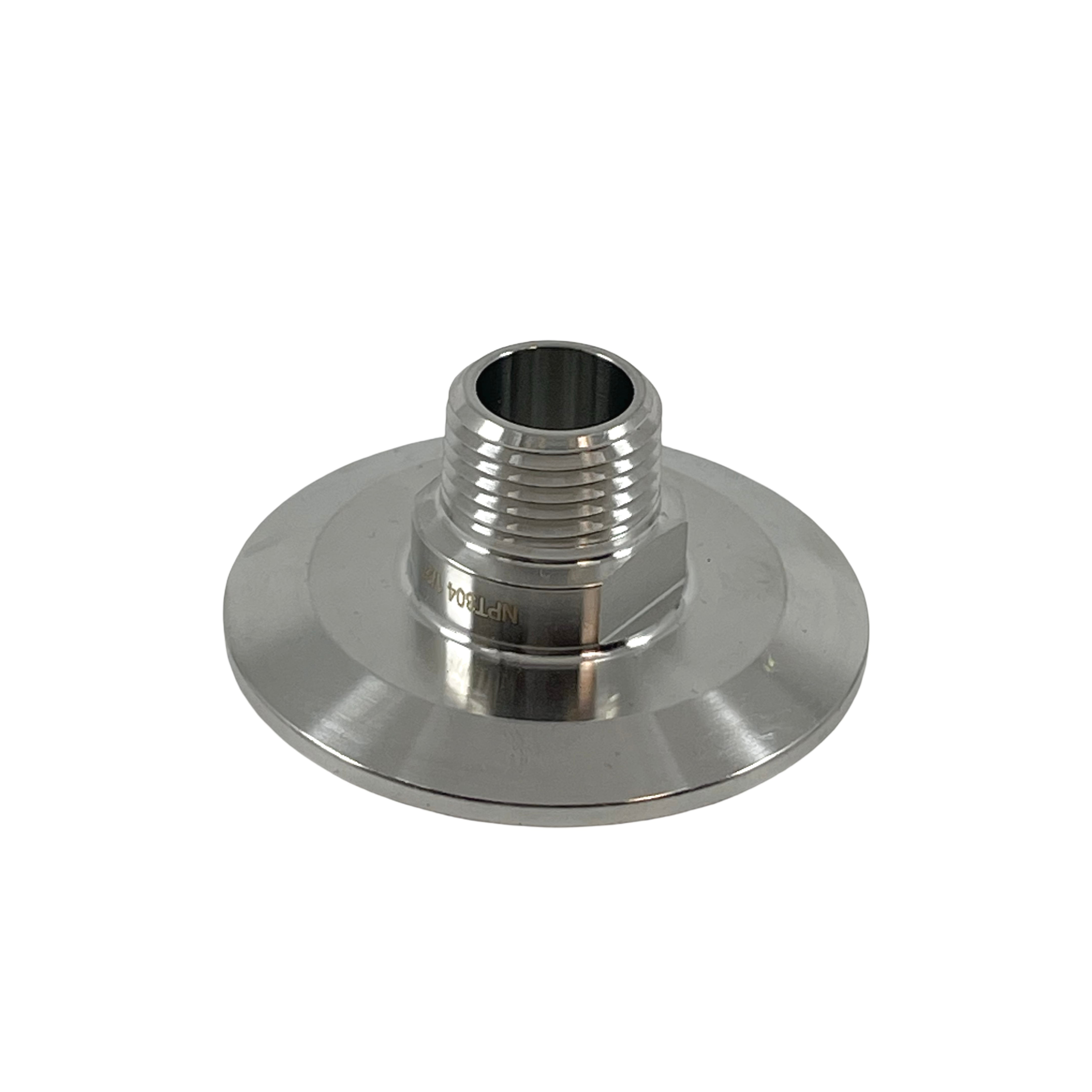 En Brewshop 2" Tri-Clamp til 1/2" NPT gjenget rørkobling med en bred, sirkulær flensbunn er vist på en hvit bakgrunn.