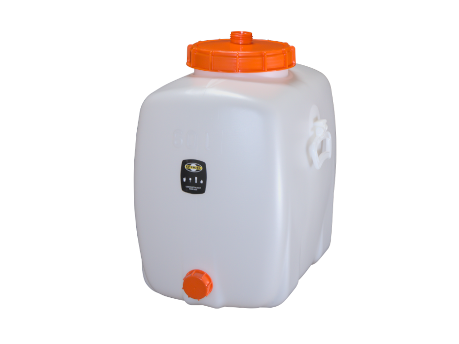 Speidel oval gjæringstank 60L med gjærlås og tappekran er en hvit gjæringstank i plast med oransje skruelokk og bunnkran, trygg for lagring av væske (næringsmiddelgodkjent), vist på en vanlig hvit bakgrunn. Merkevare: Speidel.