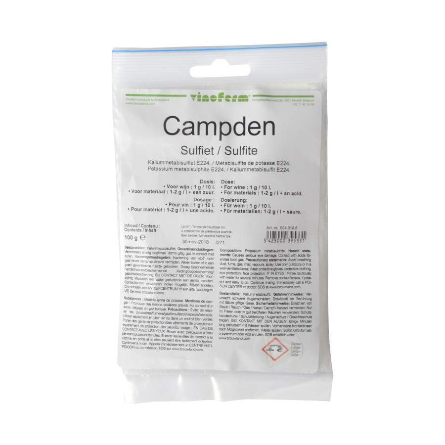 A sealed white package labeled "Vinoferm Campden 100g - kaliummetabisulfitt" with green and black text, includes instructions and ingredients in multiple languages; used for wine and beer making.
