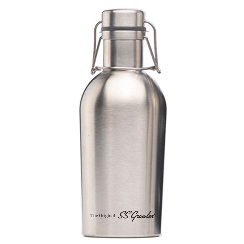 Brewsuit SS Growler 1L er en vakuumisolert flaske i rustfritt stål med et sikkert metallokk og "The Original SS Growler" trykt nær bunnen.
