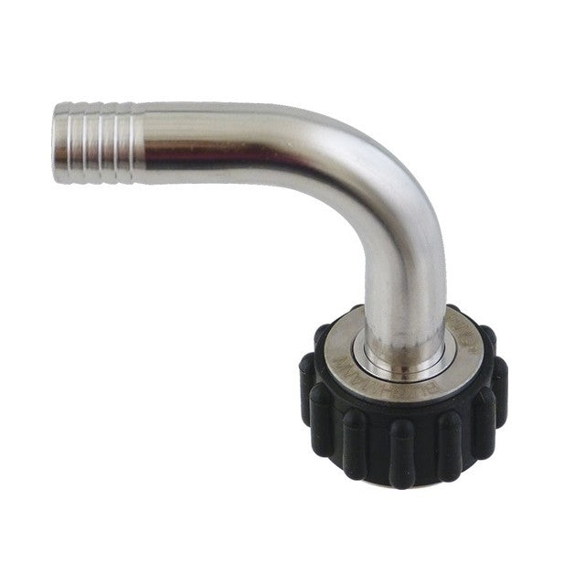 Blichmann QuickConnector - 1/2" nippelalbue er en 90-graders vinkelbøyle i rustfritt stål med en svart plastmutter, kompatibel med 1/2" NPT-koblinger.