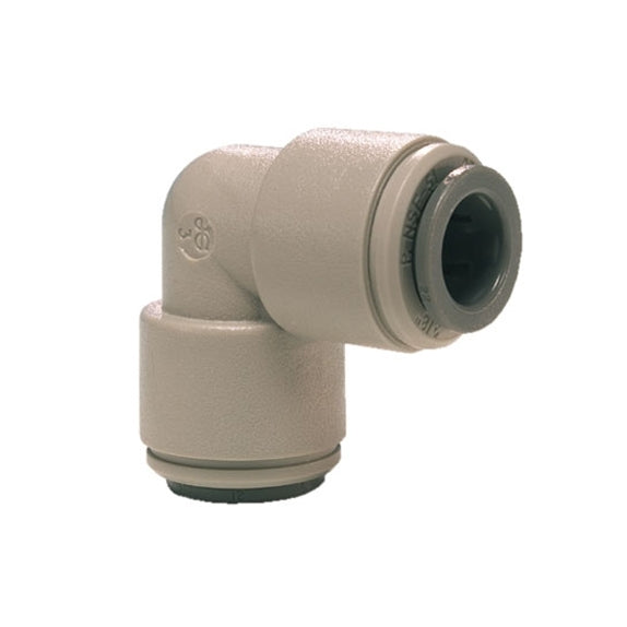 John Guest 5/16" Equal Elbow Connector er en trykk-til-koblingskobling i plast med 90 graders vinkel, ideell for sammenføyning av to rør i rett vinkel ved hjelp av det praktiske John Guest hurtigkoblingsystemet.