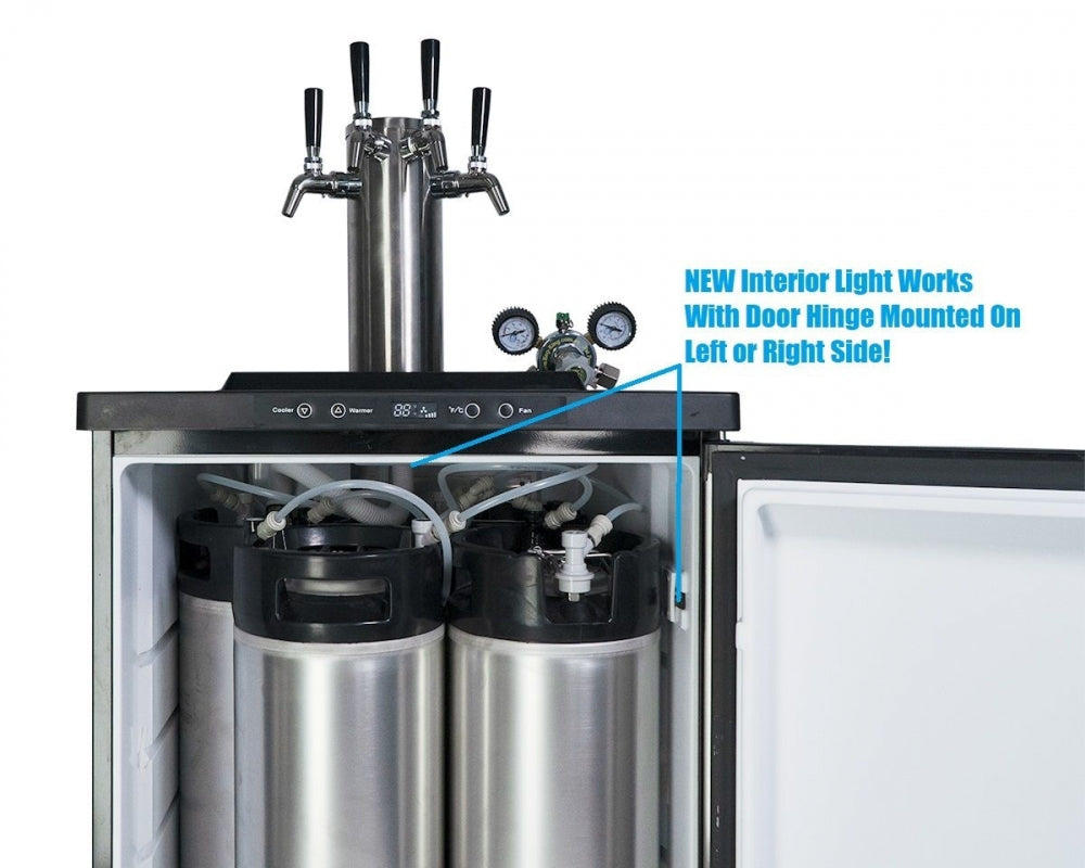Oppdag Keg King FasTap Edition KegMaster Series XL kegerator med plass til fire fat, fire tappekraner og nytt interiørlys som fungerer med både venstre- og høyrehengslet dør.