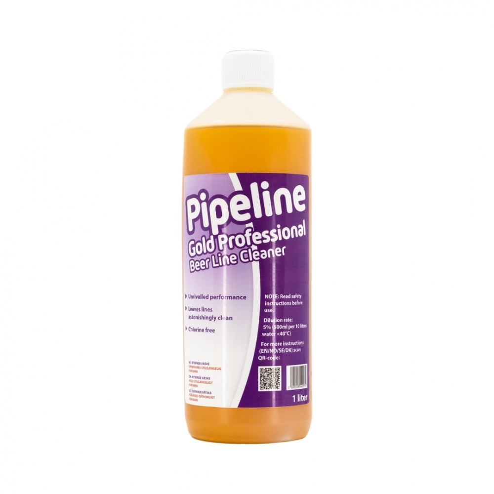 Pipeline Gold Professional 1L fra Pipeline er en oransje flytende øllinjerenser med lilla etikett, utviklet for effektiv rengjøring av tappelinjer og for å forebygge etseskader.