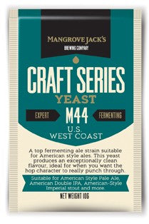 Mangrove Jacks US West Coast Yeast M44 - 10g er en toppgjærende ølgjær, ideell for ales i amerikansk stil, merket som ekspert og gjærende.