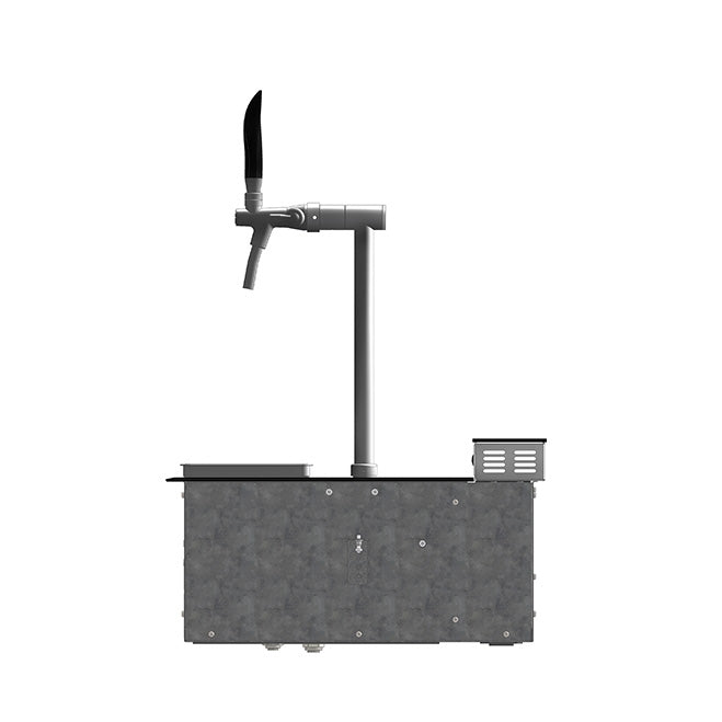 Et sidebilde av Lindr PYGMY Pro Kitchen øltappesystem fra Lindr, med svart kranhåndtak og montert på en grå rektangulær sokkel, isolert på hvit bakgrunn.