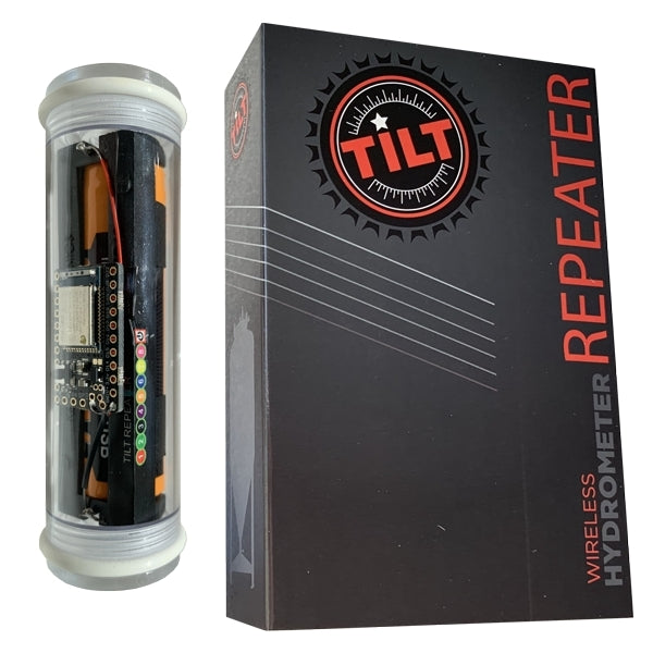 En Tilt Repeater-enhet fra Tilt Hydrometer vises ved siden av den svarte boksen merket "Tilt Wireless Hydrometer Repeater", perfekt for overvåking av Tilt-hydrometre i fermenteringskar av rustfritt stål.