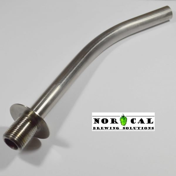 Norcal Speidel Fermenter Dip Tube, laget av 304 rustfritt stål med 1/2" NPT gjenger og flens for hjemmebrygging, er vist ved siden av Norcal-logoen.