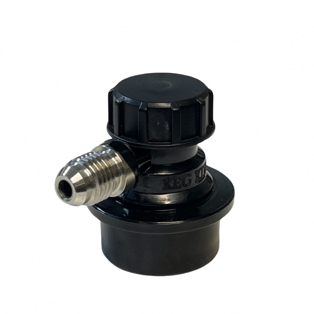 Low Profile Ball lock øl hurtigkobling 1/4" MFL gjenger fra Keg King er vist i svart plast med metallgjenger, designet for corneliusfat, mot en vanlig hvit bakgrunn.