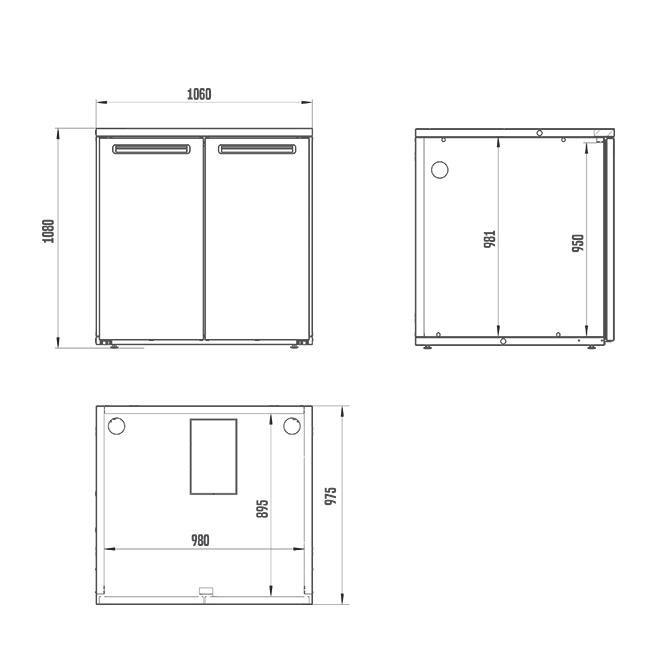 Teknisk tegning av et rektangulært skap, for eksempel LINDR DKB-4 Fatkjøler (bestillingsvare), med front-, side- og oversiktsbilder med tydelig angitte mål i millimeter. Perfekt for å illustrere utformingen og målene på denne profesjonelle fatkjøleren.