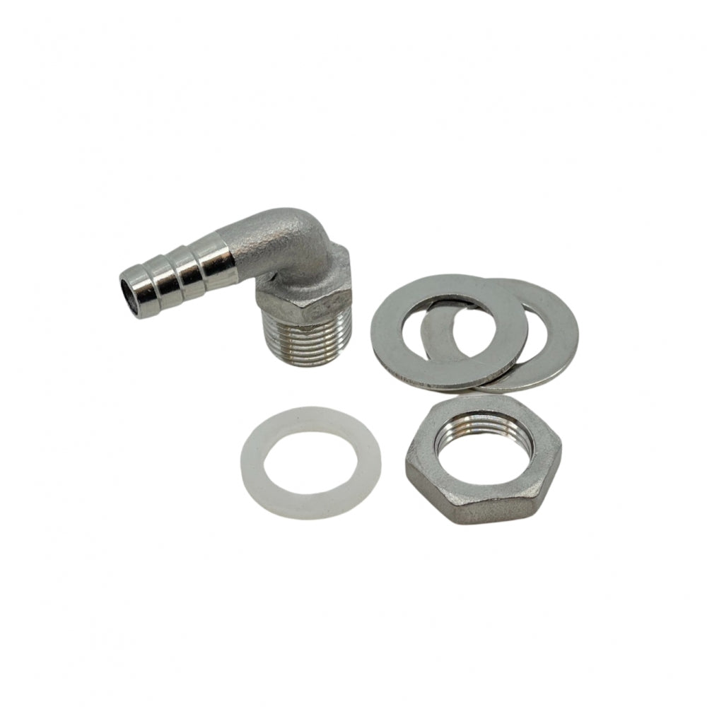 Brewshop 1/2" Blow-off barb har en vinkelkobling i rustfritt stål 304 med tre metallskiver, en hvit plastskive og en sekskantmutter i metall, på hvit bakgrunn.