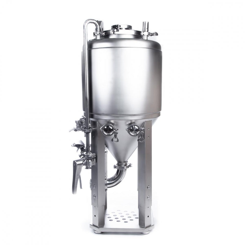 Brewtools F40 Unitank er en konisk tank i rustfritt stål med ventiler og solide ben, ideell for hjemmebrygging eller væskebehandling.