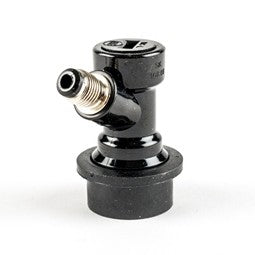 CMB Ball lock øl hurtigkobling 1/4" MFL gjenger er en svart plastkonnektor med gjenget metallkobling, ideell for øldrikkedispenseringssystemer.
